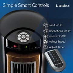Lasko Wind Curve® 42" Tower Fan (3-speed, remote, timer, ionizer, black/woodgrain)