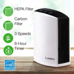Lasko True HEPA Filter Desktop Air Purifier with Timer, LP200, White