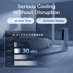 Lasko High Velocity WhisperForce™ DC 35" Tower Fan (12-speed, remote, timer, 90° oscillation, air filtration, black)